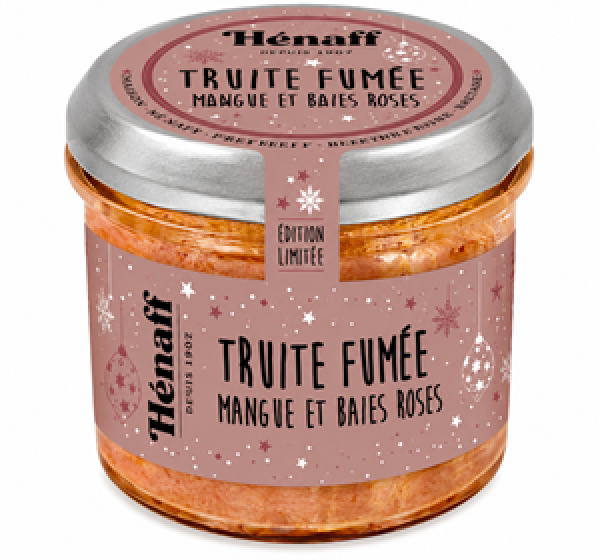 Geräucherte Forelle mit Mango und rosa Beeren
